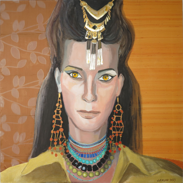 Izyda,  akryl na płótnie + tkanina, 100 x 100 cm, 2023