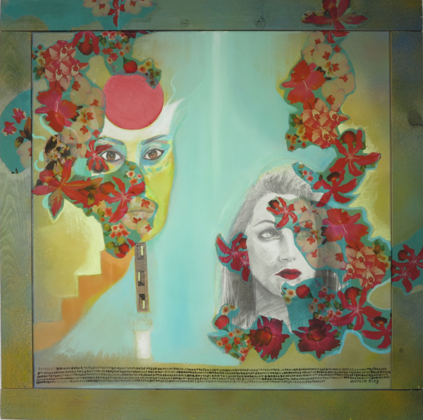 Multiwersum, akryl na płótnie, kolaż, 100 x 100 cm, 2023
