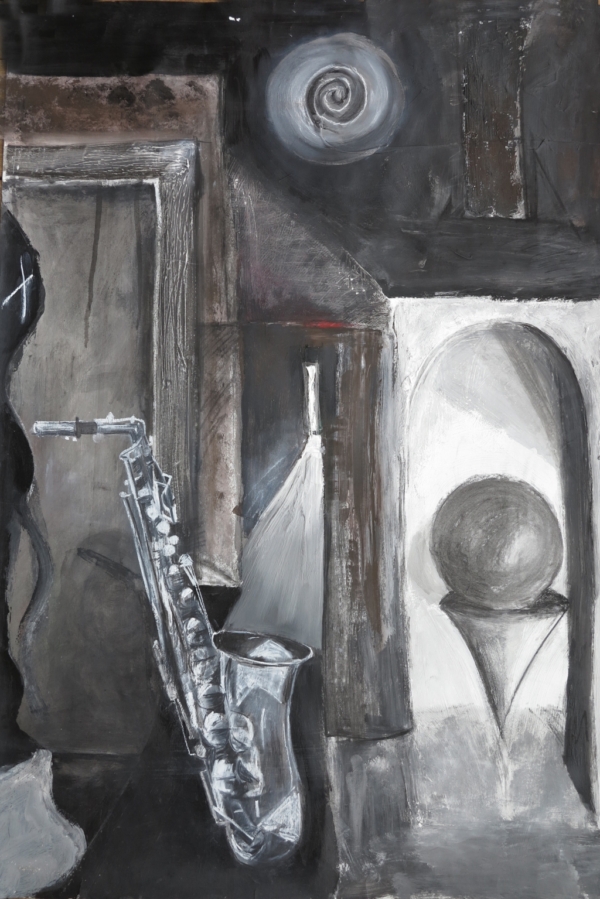 Saksofon, akryl na papierze, 50 x 70 cm, 2015