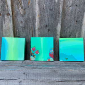 Love, Peace and Balance, collage, acrylic on canvas, 3 paintings 20 x 20 cm, 2023