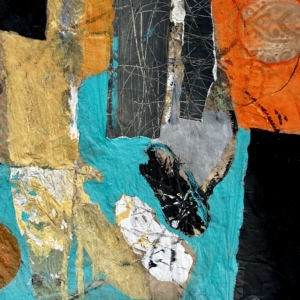 Conversation, acrylic, collage on paper, 39 x 29 cm, 2025