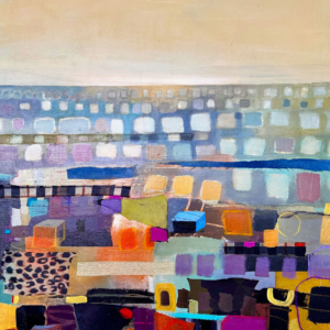 Miasto o Świcie, akryl na płótnie, tkanina, 120 x 90 cm, 2025