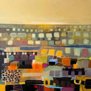 Miasto o Świcie, akryl na płótnie, tkanina, 120 x 90 cm, 2025