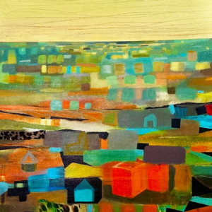 Mozaika Miasta, akryl na płótnie, tkanina, 100 x 70 cm, 2025